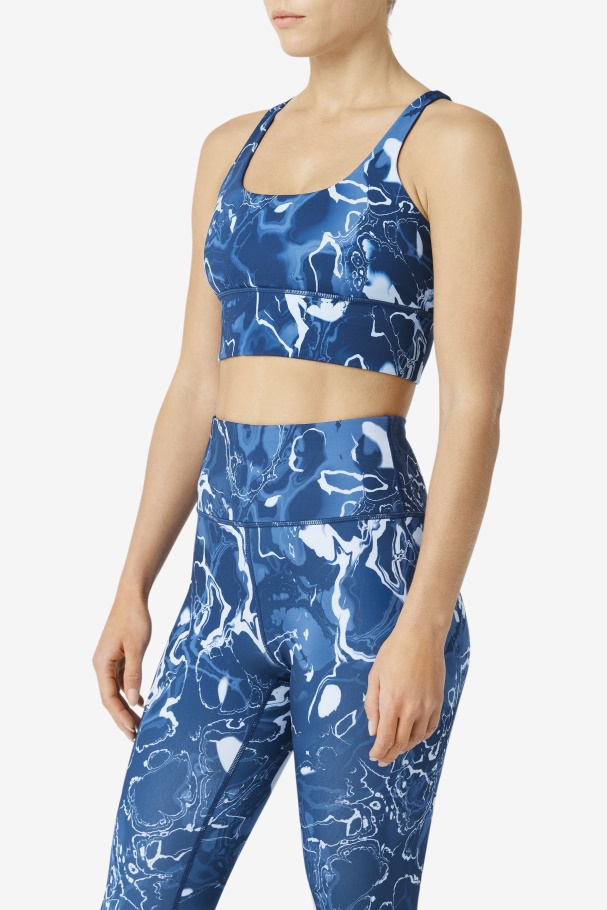 Navy Marble Fila UK Uplift Cross Back Bra Top