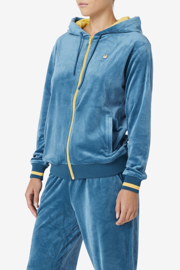 Fila UK Tove Velour Full Zip Hoodie Blue Coral/Banana