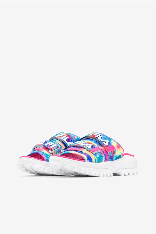 Multi/White/Pink Glo Women\'s Tie Dye Outdoor Slide Fila UK