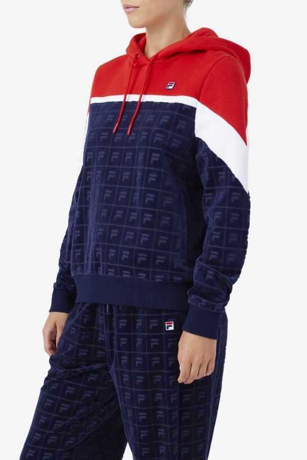Navy/Red/White Lorri Velour Hoodie Fila UK